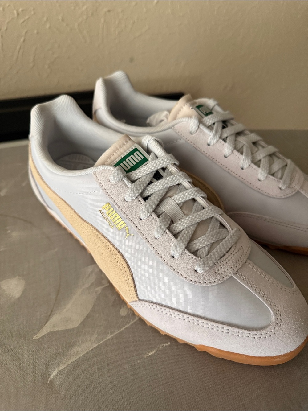 Puma Arizona White and Beige Suede-Trim Athletic Sneakers